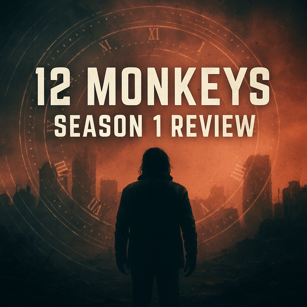 Silhouette of man in apocalyptic city with time travel clock overlay — 12 Monkeys Season 1 Review Featured Image