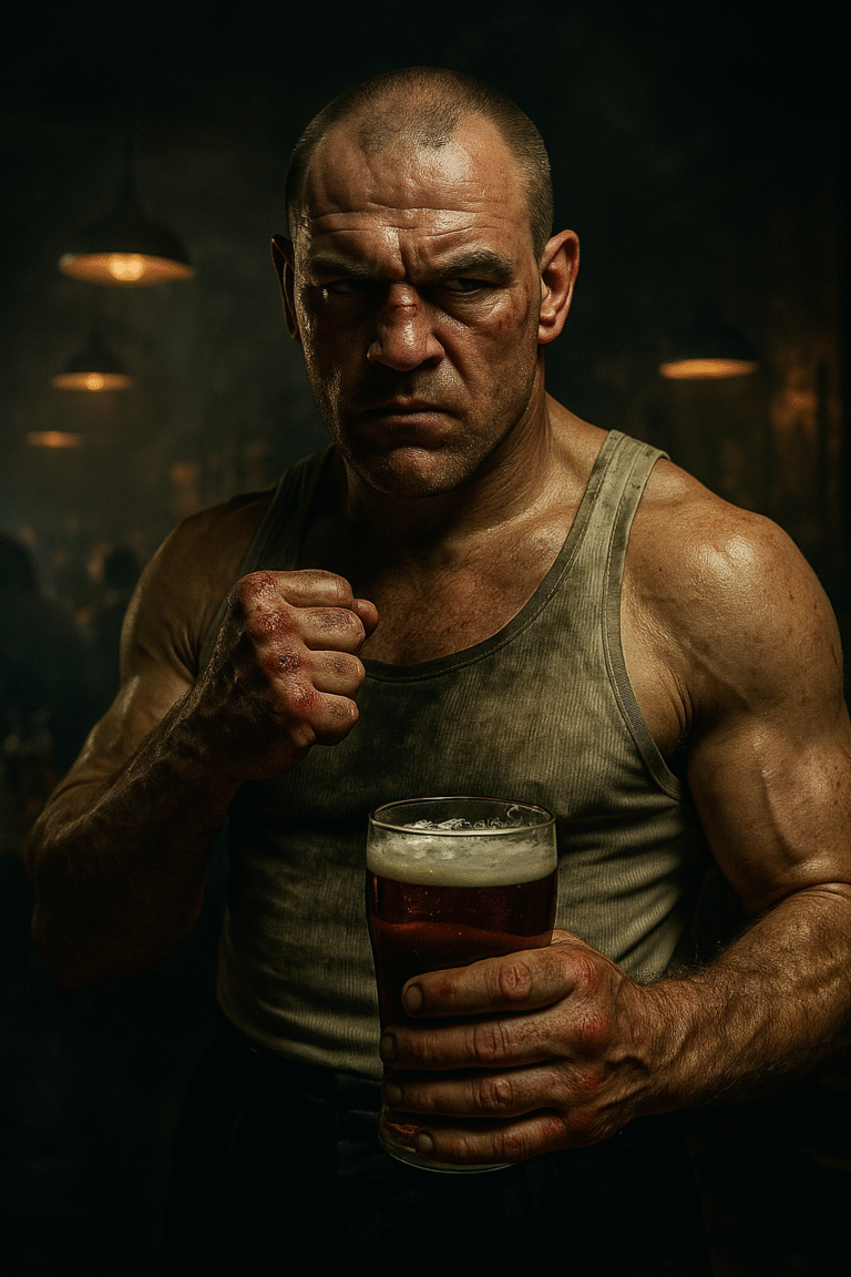 Bare-knuckle boxer holding a pint in a gritty British pub, inspired by Lenny McLean in My Name Is Lenny
