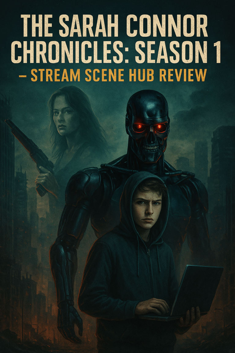 Illustrated featured image for The Sarah Connor Chronicles Season 1 review on Stream Scene Hub, showing a futuristic city backdrop with John Connor, Sarah Connor, and a protective Terminator.