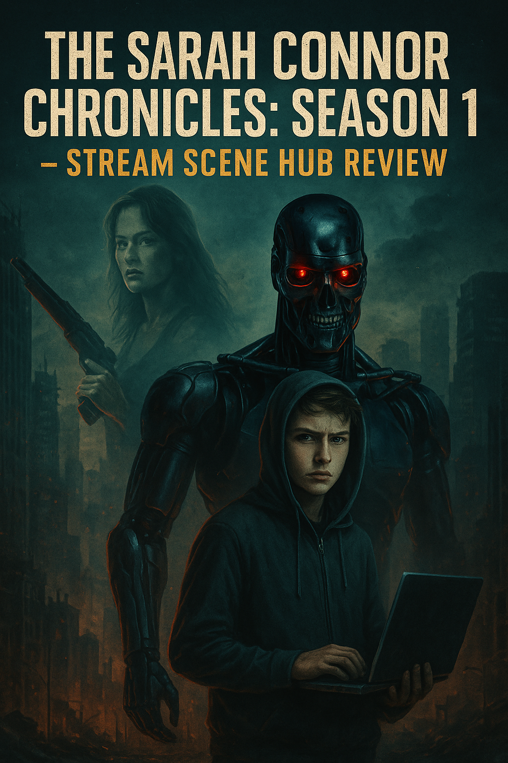 Illustrated featured image for The Sarah Connor Chronicles Season 1 review on Stream Scene Hub, showing a futuristic city backdrop with John Connor, Sarah Connor, and a protective Terminator.